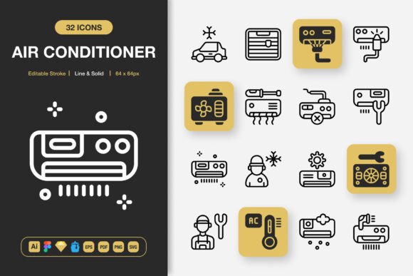 Air Conditioner Icons: A Minimalist Graphic Design Asset for Modern Marketing