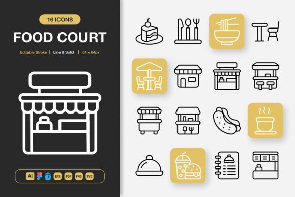 Food Court Icons: A Minimalist Graphic Design Asset for Digital Sellers