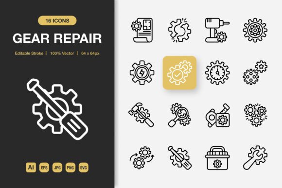 Gear Repair Outline Icons: Graphics and Icons for Local Branding