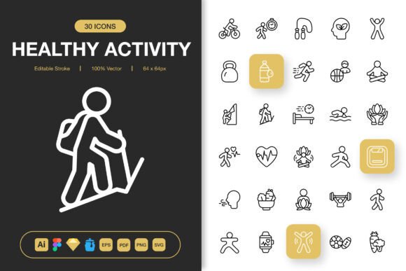 Health Activity Icons: A Minimalist Graphic Design Asset for Crafters