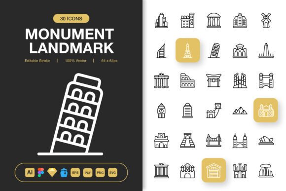 Monument Landmark Icons: Graphics and Icons for Modern Design