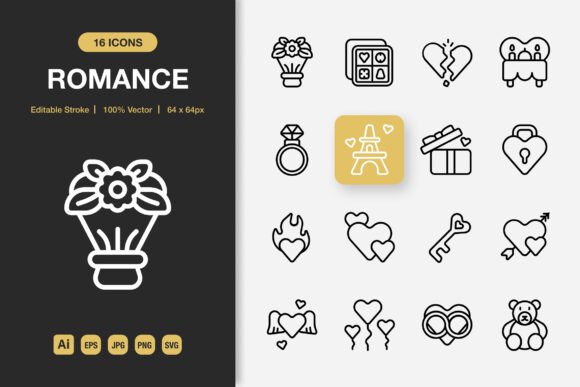 Romance Outline Icons: Graphics and Icons for Creative Publishing